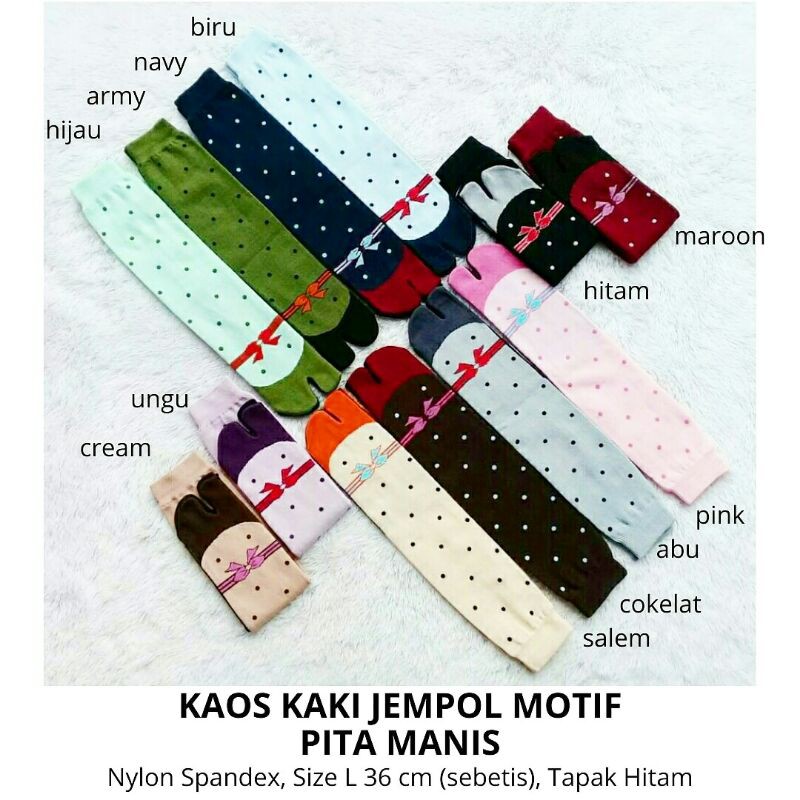 Kaos Kaki Jempol Wanita Muslimah Motif Pita Manis (Nylon Spandex Tapak Hitam, Size L, Panjang Murah)