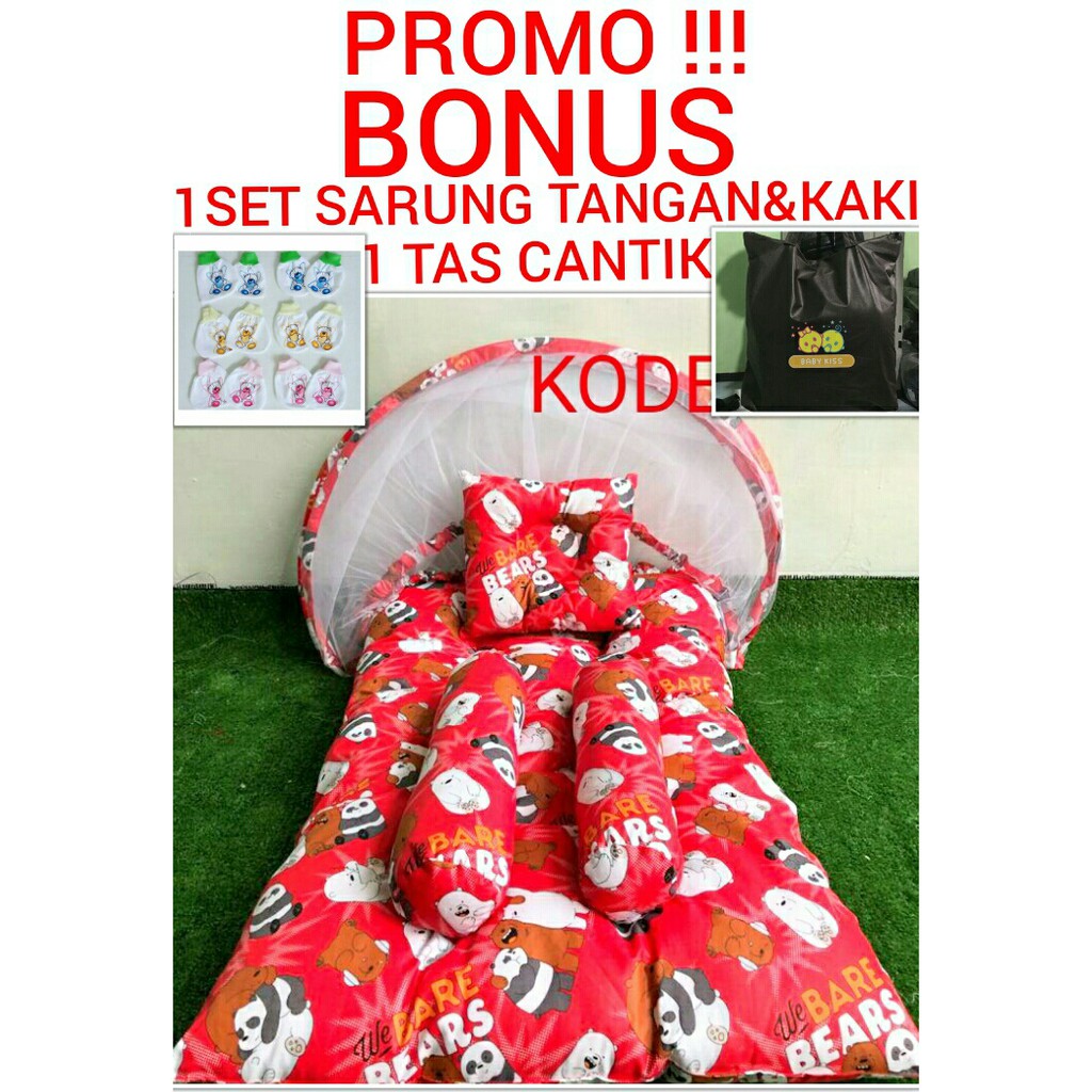 Tempat Tidur Bayi Kelambu Lipat Set | Kasur Bayi Lipat Kelambu Motif Teddy Red |  Kasur Bayi Kelambu