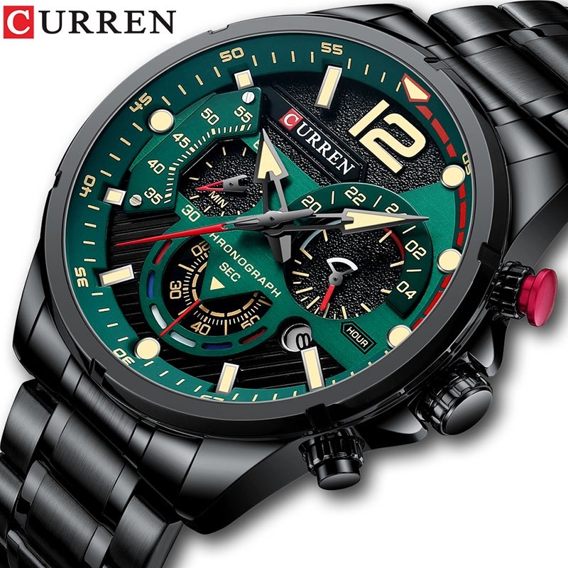 CURREN 8395 Jam Tangan Pria Analog Stainless Steel Chronograph Aktif Luminous Hand Fashion Waterproof Calendar Watch