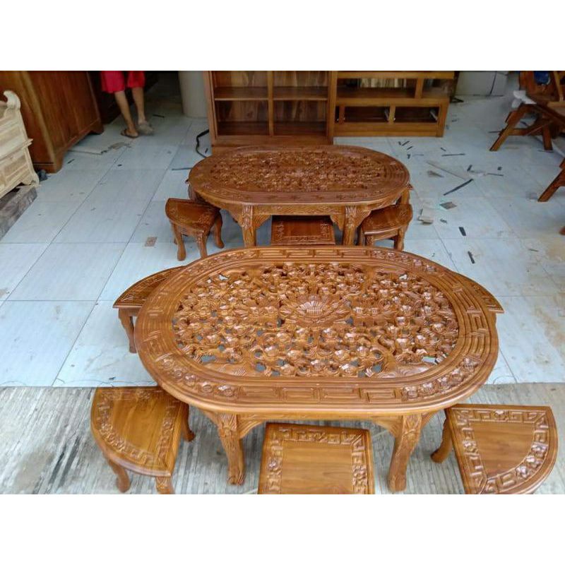 Meja oshin oval ukir full jati lesehan jepara minimalis