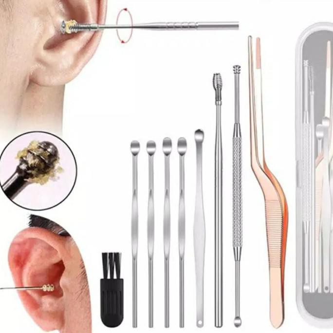 BISA COD 1 SET (9 PCS ) ALAT PEMBERSIH TELINGA STAINLESS STEEL - KOTAK PLASTIK SALE Kode 1333