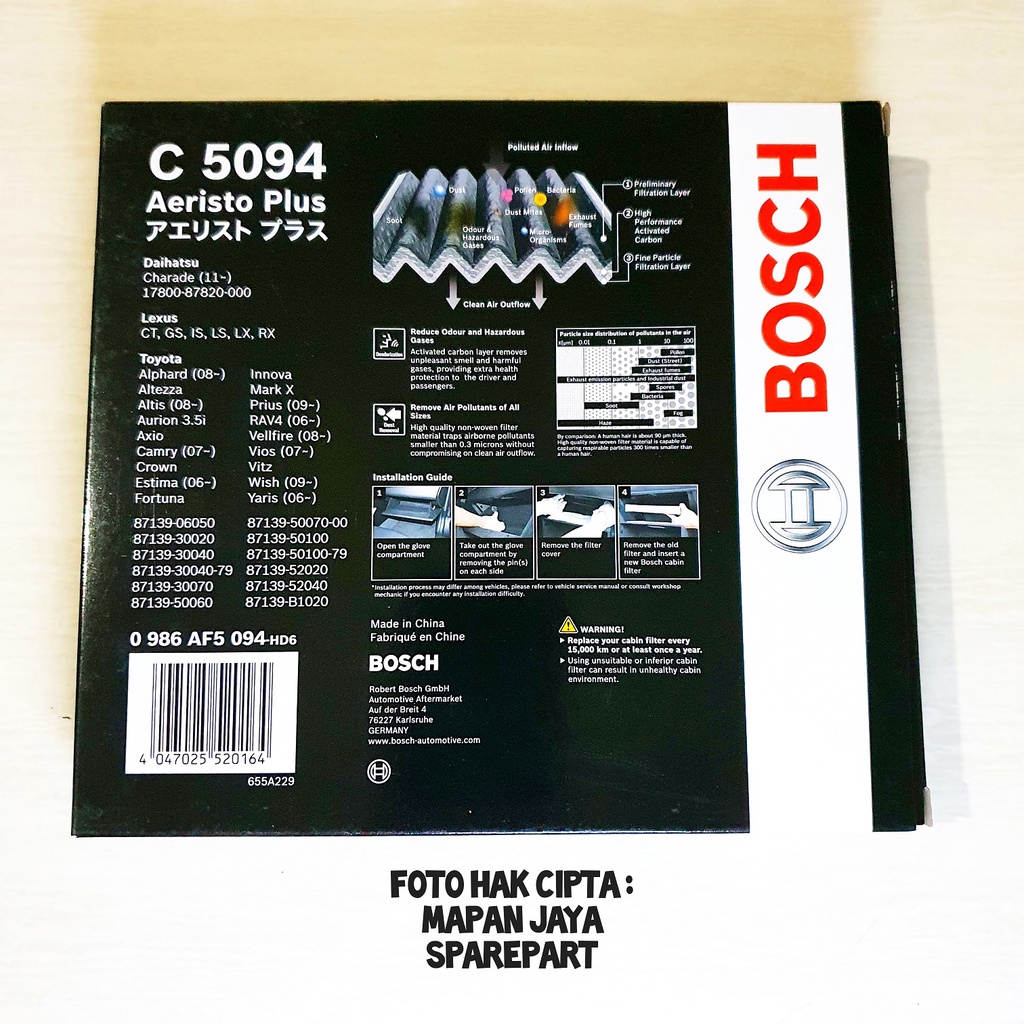 FILTER AC KARBON BOSCH -  INNOVA / FORTUNER / YARIS / VIOS / SIENTA / ALTIS