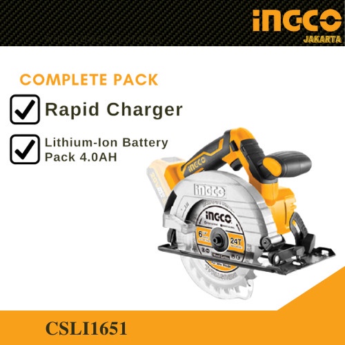 CIRCULAR SAW CORDLESS 6" / GERGAJI SERKEL SIRKEL BATERAI 20V PACK 4.0AH &amp; RAPID CHARGER 4.0 INGCO CSLI1651 GERGAJI POTONG KAYU BELAH KAYU