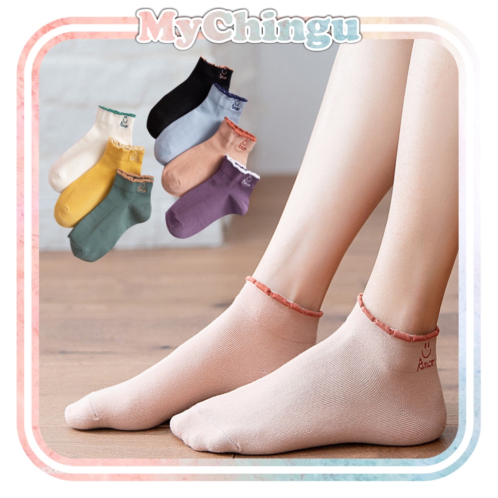 ❀ Chingu ❀ KK002 Kaos Kaki (Tanpa Kemasan) Wanita Tipis Pendek Semata Kaki Motif Smile Fashion Korea Women Sock Import Murah