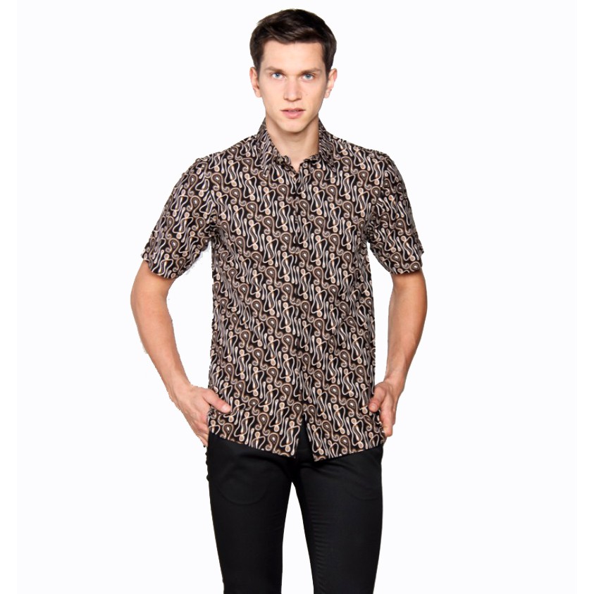 Kemeja Batik Heritage Pria Katun Parang Barong Pendek Slimfit Hitam maroon (HBMBS 060 )