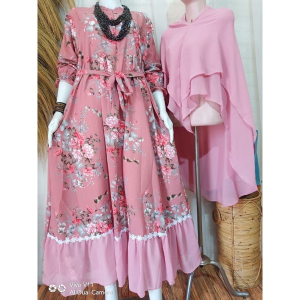 Gamis Monalisa Cimbi Ceruty Set Hijab Dres Khimar Ceruty Pakaian Muslim Wanita