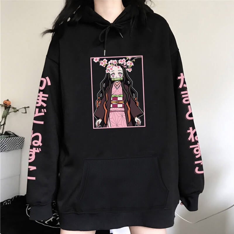 Hoodie Nezuko Kanji Flowers Anime Manga Demon Slayer Kimetsu No Yaiba Premium Unisex