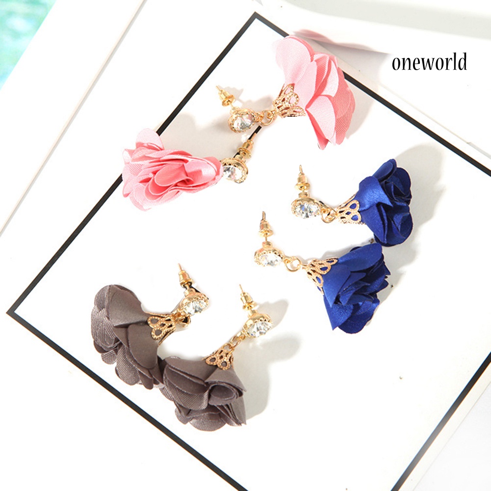 OW@ Vintage Cloth Flower Rhinestone Pendant Earrings Women Ear Studs Party Decor