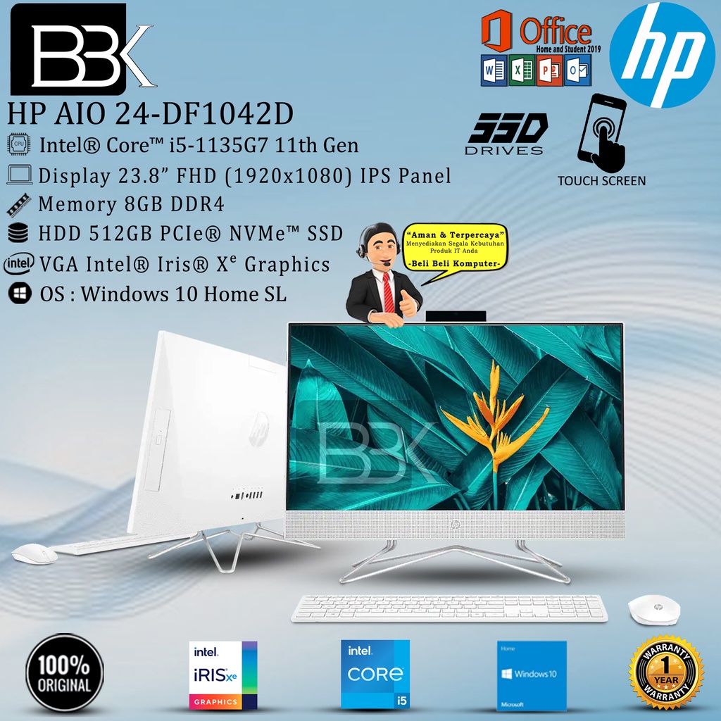 HP PC 24-DF1042D AIO i5-1135G7 8GB 512GB SSD DVDRW WIN10HSL 1YR OHS