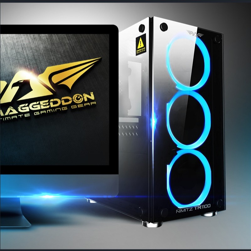 Casing PC Gaming Armaggeddon NIMITZ TR1100 White / Black FREE  Fan Mini ITX Micro ATX Side Front Tampered Glass Casing Gaming Murah With PSU Bronze 235FX 475 Watt