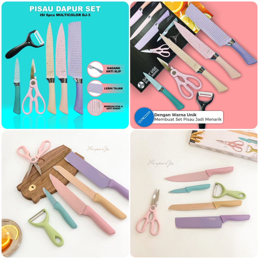 Pisau set 6 pcs Pisau Set Stainless Dilapis Anti Lengket Peralatan Masak Pisau Dapur Pisau Aesthetic