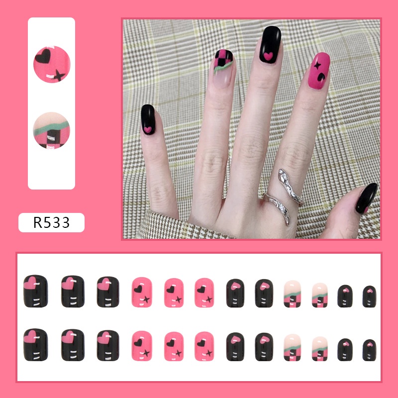 24pcs / box Kuku Palsu Bentuk Kotak Motif Hati Warna Hitam / Pink R533