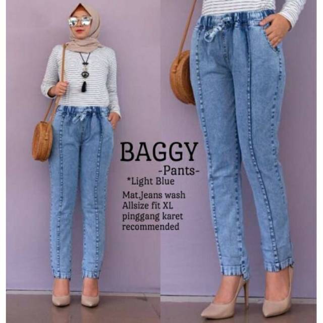 Celana Baggy Jeans Snow Boyfrieand Pinggang Full Karet celana Jinjing