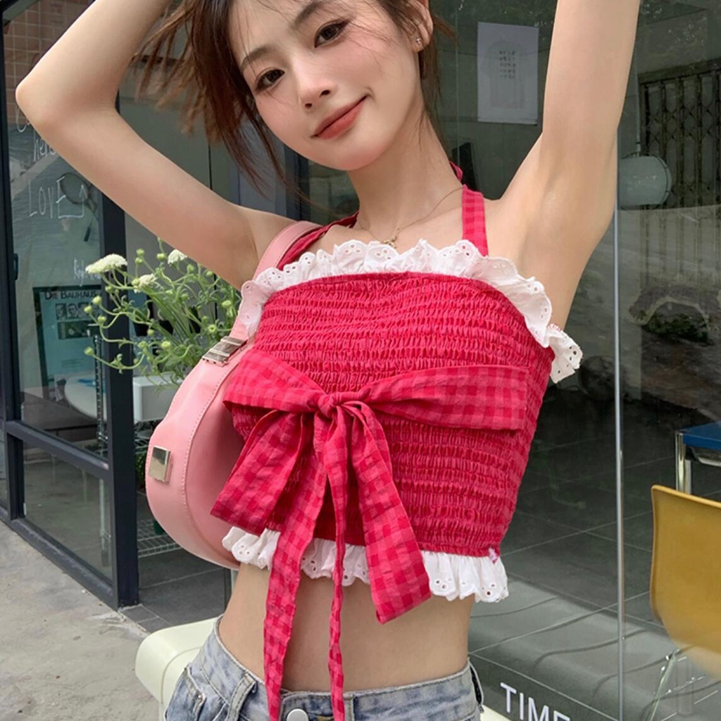 Red wanita kamisol wanita desain manis halter neck bow short top summer new hot girl inner bottoming shirt
