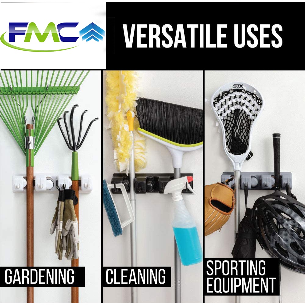 Gantungan Sapu dan Pel 5 Slot Kain Lap Celemek Serbet Broom Holder Tempel Dinding Tembok Mop Hanger