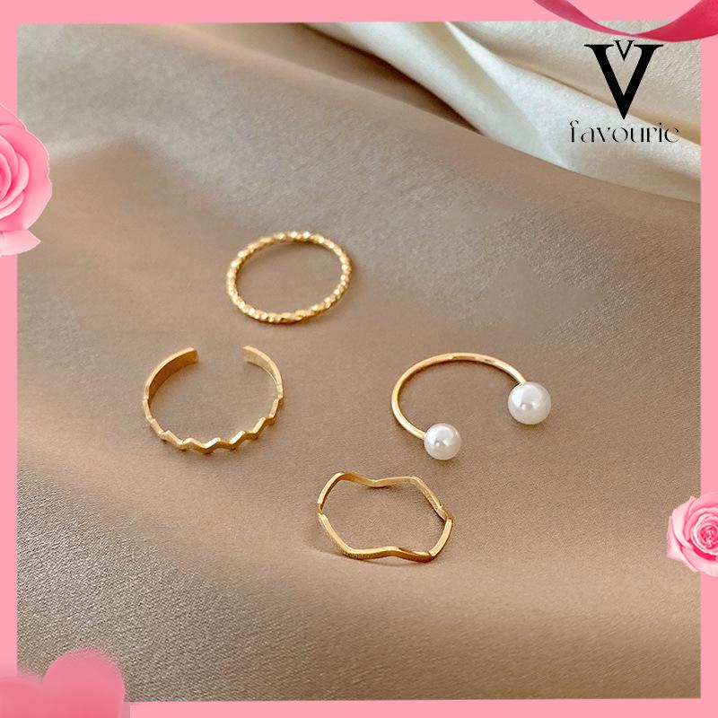[COD]4 Pcs/set Korea Cincin Emas Untuk Wanita Sederhana Mutiara Elegan Cincin Set Dapat Disesuaikan Terbuka Perhiasan Hadiah-FA