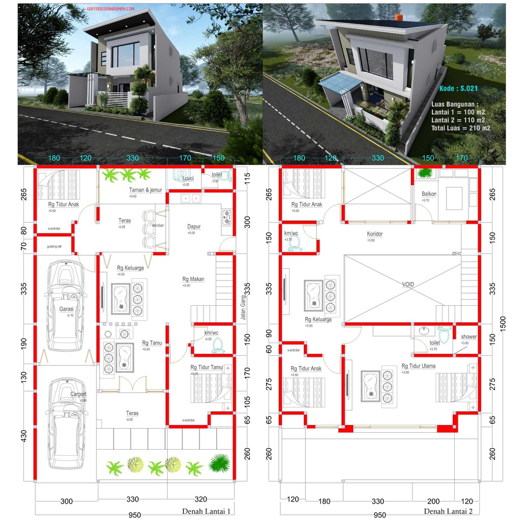 Jual Desain Rumah Minimalis 2 Lantai 9.5x15 Meter 5 Kamar Tidur | Shopee Indonesia - Denah Rumah 2 Lantai Lengkap Dengan Tampak Dan Potongan