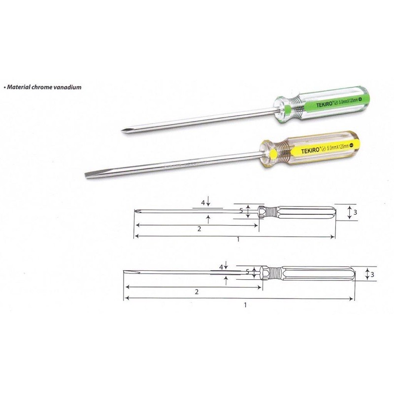 Obeng Gagang Kristal (-) Minus ~ ( + ) Plus 4 mm x 100 ~ 250 mm / In Line Screwdriver TEKIRO