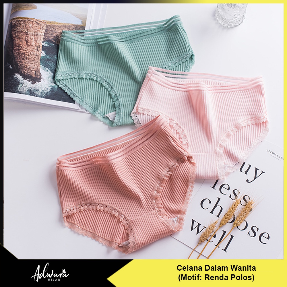 (Size L) Celana Dalam Wanita Motif Renda Polos / Pakaian Dalam Bahan Katun Korean Fashion