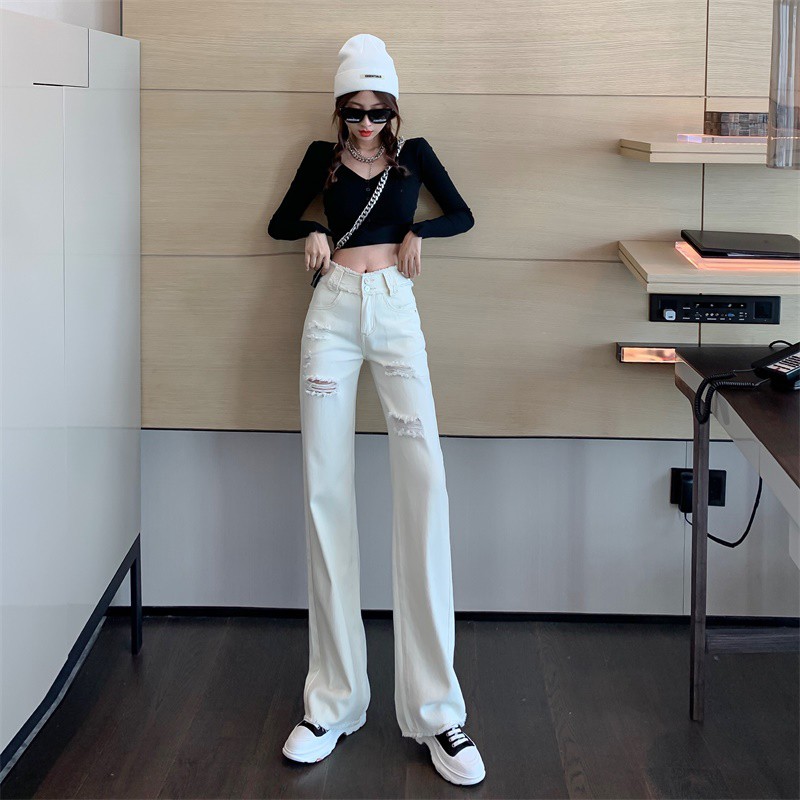 Suhao White High Waist Broken Jeans Celana Panjang Straight Wide Pants Drop Pants Versi Korea Fur Pants Pakaian Wanita Musim Semi dan Musim Panas