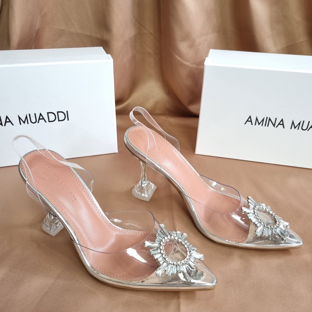 SEPATU AMINA MUADDI WANITA BEGUM CRYSTAL GLASS SLING HEELS TRANSPARAN PVS