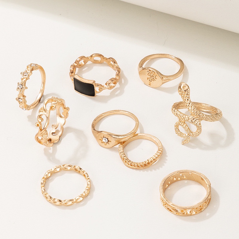 9 Pcs / Set Cincin Bentuk Geometris Warna Emas Hitam Bahan Logam Untuk Wanita