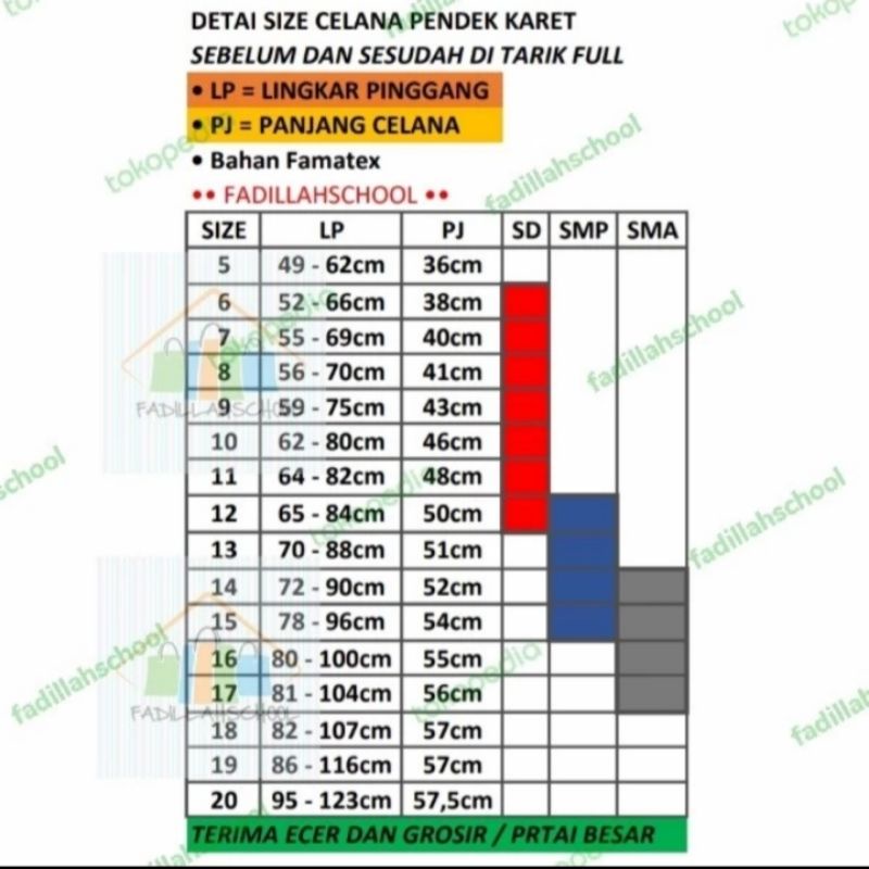 CELANA SEKOLAH KARET SD/SMP/SMA PUTIH/SERAGAM SEKOLAH BAHAN FAMATEX