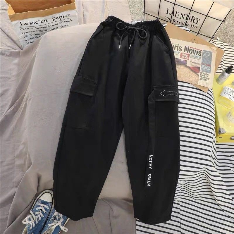 Celana Panjang Wanita Yungi Street Pants Harajuku Bahan American Dril Pakaian Cewe Kekinian Bawahan Santai Sporty Kasual Remaja Cewe Murah Modern Remaja Dewasa Terbaru-Black