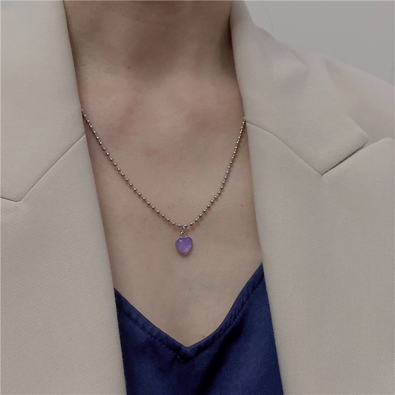 Kalung Rantai Choker Liontin Manik-Manik Hati Warna Silver Untuk Wanita