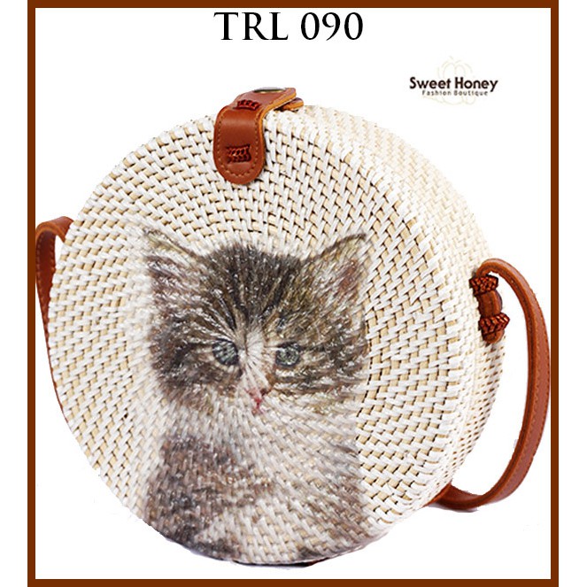 Sweet Honey ~ Grosir Tas Rotan Murah Bali Bulat Lukis Kucing Decoupage TRL090 [Bisa COD Bayar di tempat]