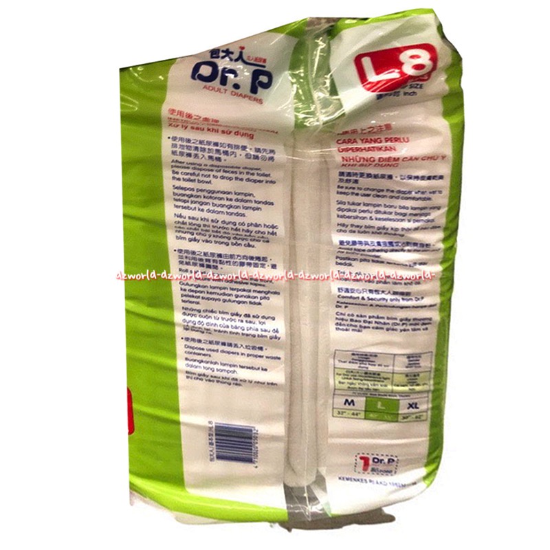 Dr P Adult Diapers L8 Basic Type Popok Perekat Untuk Orang Tua Ortu Popok Dewasa Tape Dr.P L 8 Kemasan Hijau Lingkar 40-55cm Drp