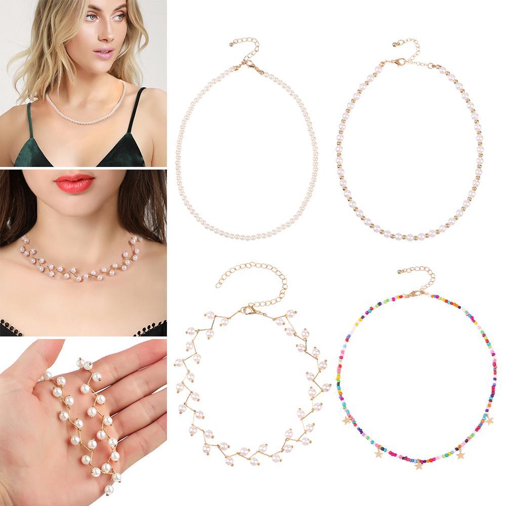 Lily Beads Kalung Untuk Gadis Wanita Goth Golden Pearl Choker