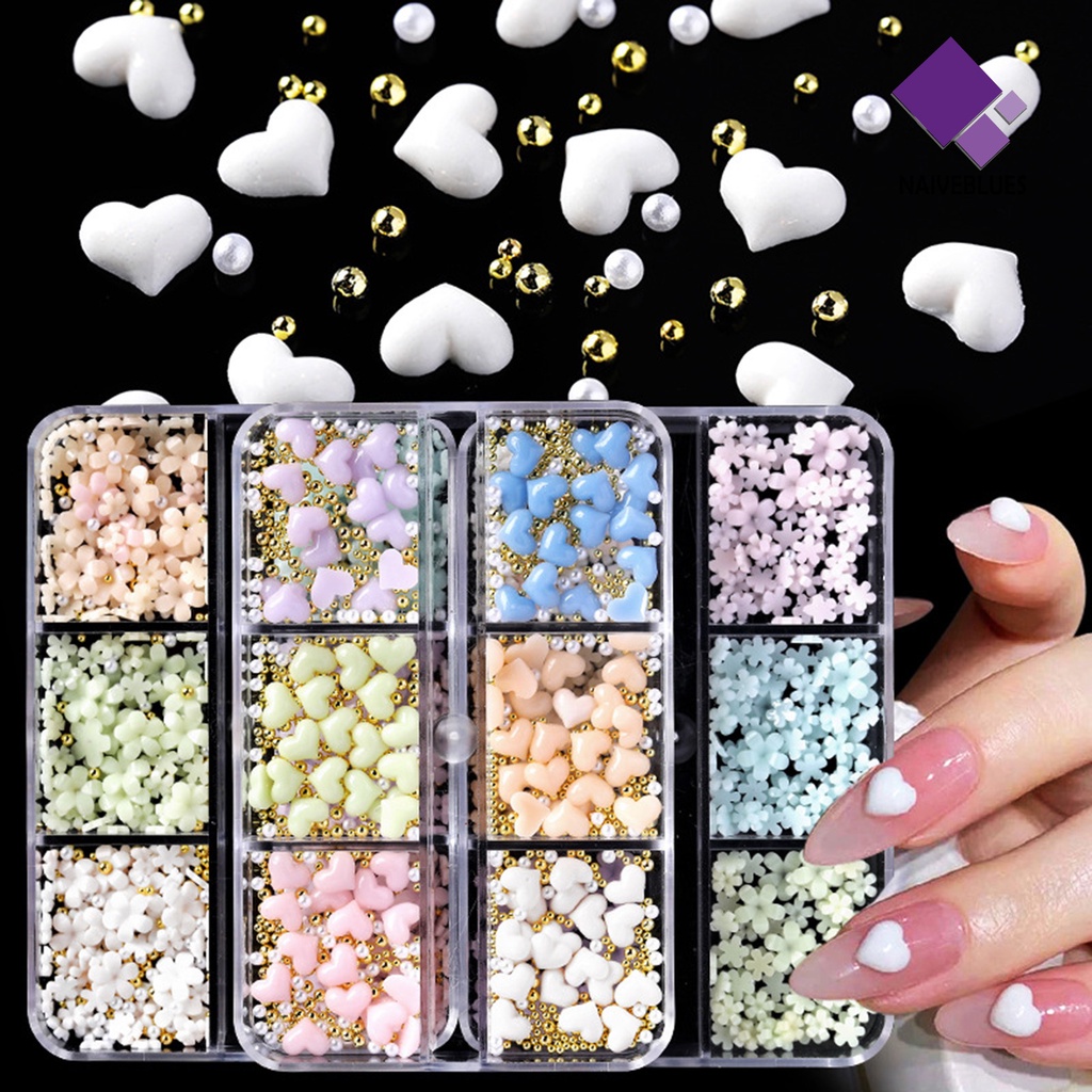 Naiveblue &gt; Set Manik-Manik Bentuk Hati / Bunga 3D Untuk Dekorasi Nail Art / Manicure