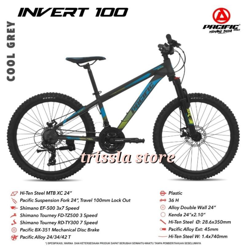 Sepeda Gunung 24" STEEL MTB INVERT 100 PACIFIC Rem Cakram 3x7 Speed (Remaja)