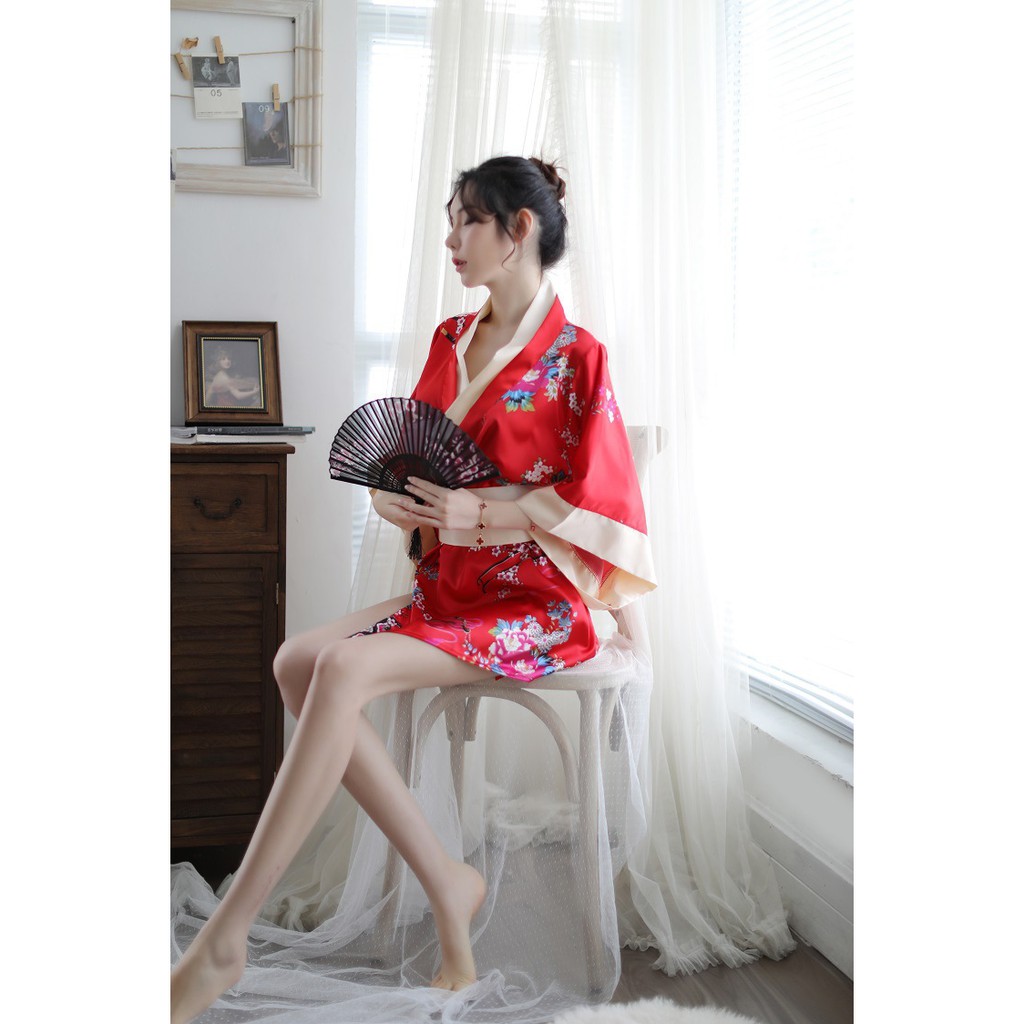 LI-86 mini kimono yukata hitam lingerie baju tidur wanita seksi cosplay