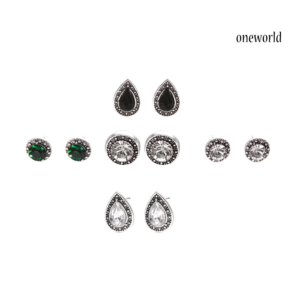 OW@ 5 Pairs Round Waterdrop Shape Ear Studs Set Women Retro Party Earrings Jewelry