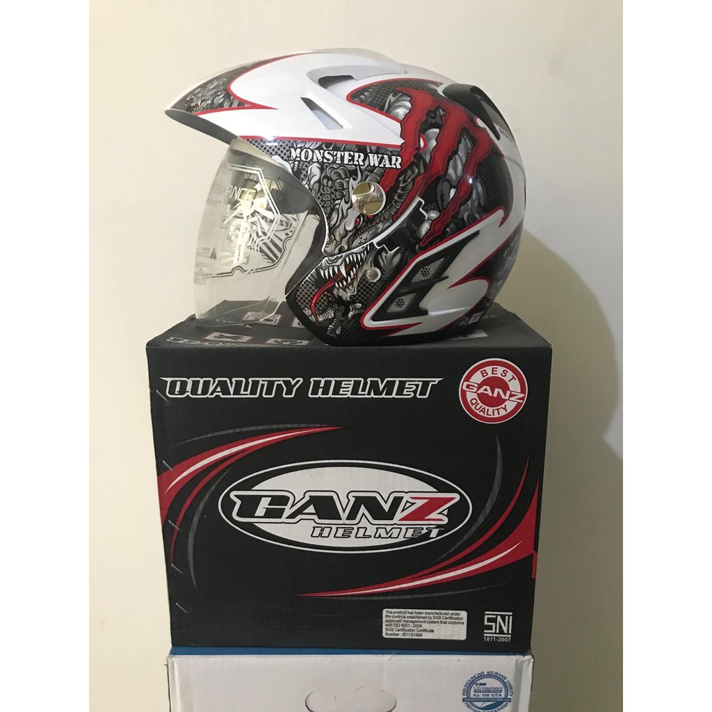 Helm GANZ Merah Putih Hitam Abu-Abu Monster War Red Super White Gloss