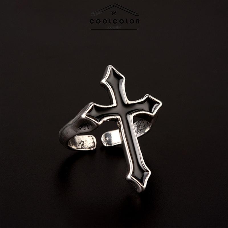 COD Cincin Hitam Cross Retro Fashion Cincin Pria Wanita Minyak Menetes Punk Jari Telunjuk Tren Cincin Hitam