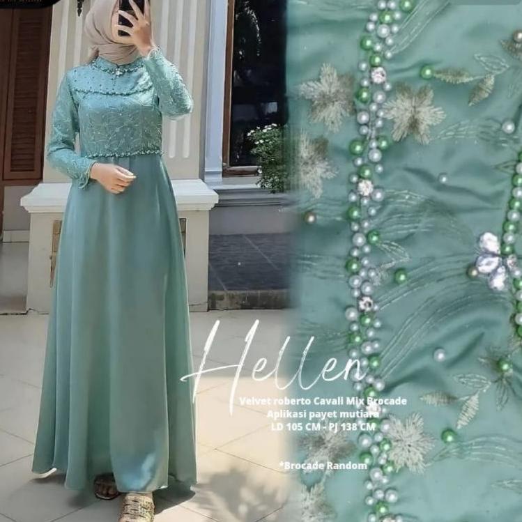 Model Baru.. GAMIS HELLEN CANTIK DRESS PESTA MUSLIMAH BELLE MAXY VELVET BROKAT MIX PAYET LD100 DAN L