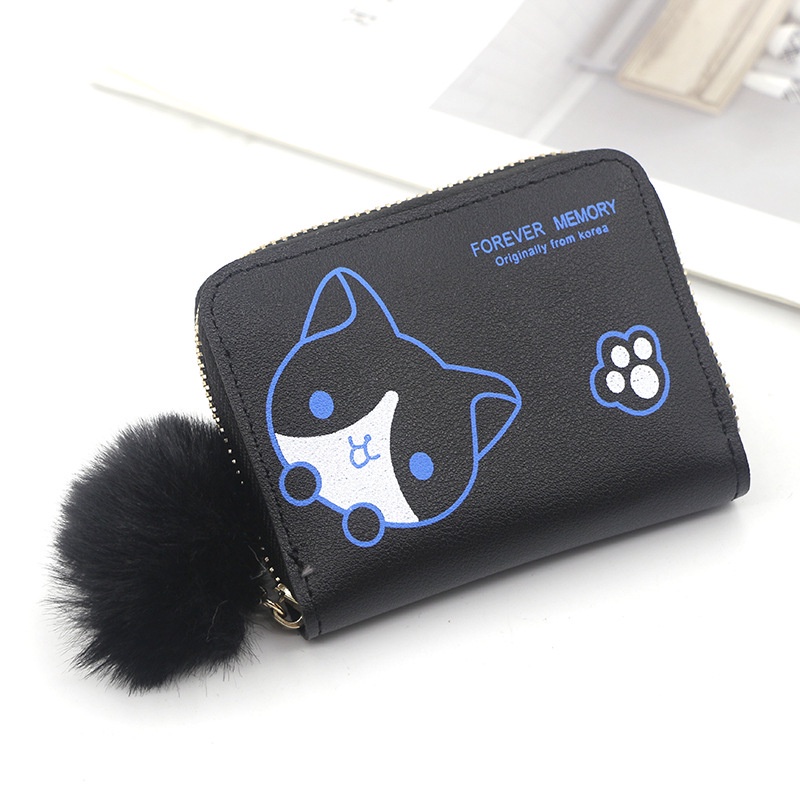 ( GS ) DOMPET WANITA / DOMPET LIPAT PENDEK WANITA MOTIF TUXEDO CAT FREE POMPOM