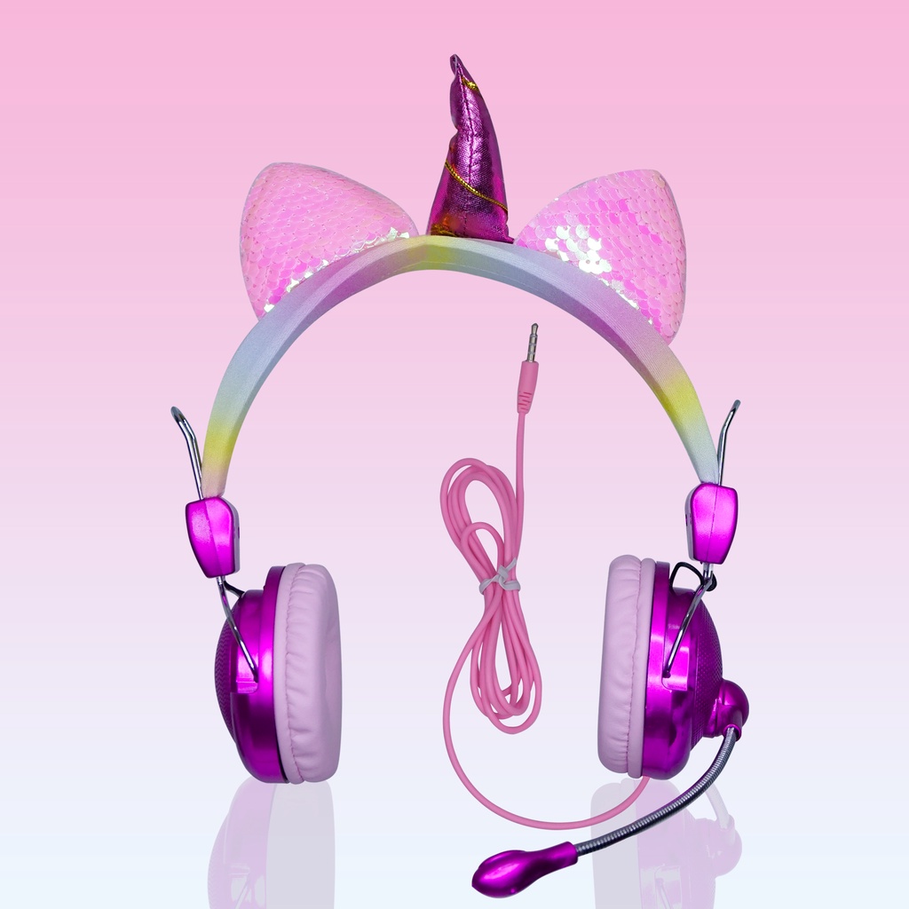 Roxyroxy- Headset Musik Stereo Sequin Plush Motif Unicorn Earphone + Mic High Quality