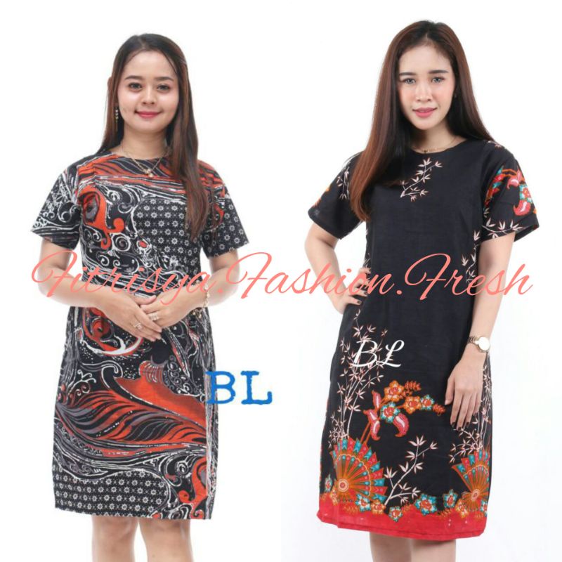 TUNIK DRESS BATIK WANITA JUMBO XXXXL / 4L LENGAN PENDEK MOTIF WULU DAN KIPAS KOMBINASI
