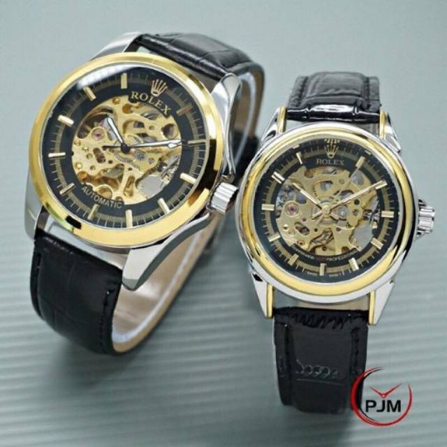Rolex Automatic Couple | Tali Kulit | Jam Tangan Otomatis | Matic | Skeleton Transparan