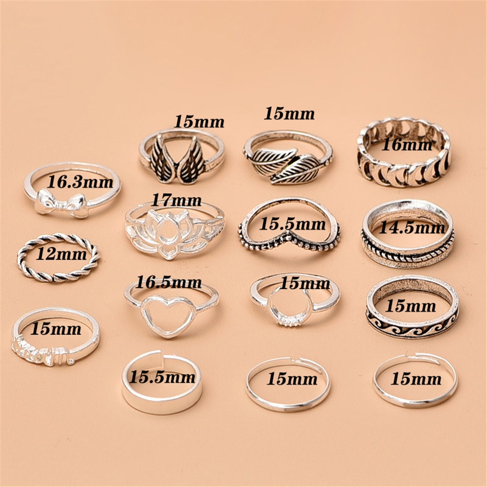 【COD Tangding】15pcs/set Bohemian Style Vintage Silver Bow Lotus Wing Leaf Feather Heart Combination Ring Fashion Accessories Jewelry