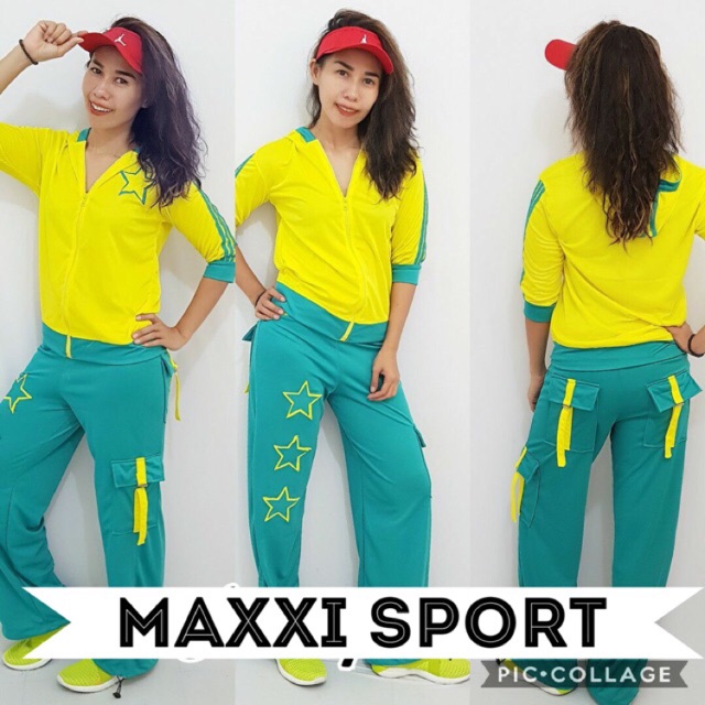 Setelan Baju Senam Lapangan Bintang Kuning Toska Zumba Aerobik Hijab Cycling Muslim Fitness Olahraga