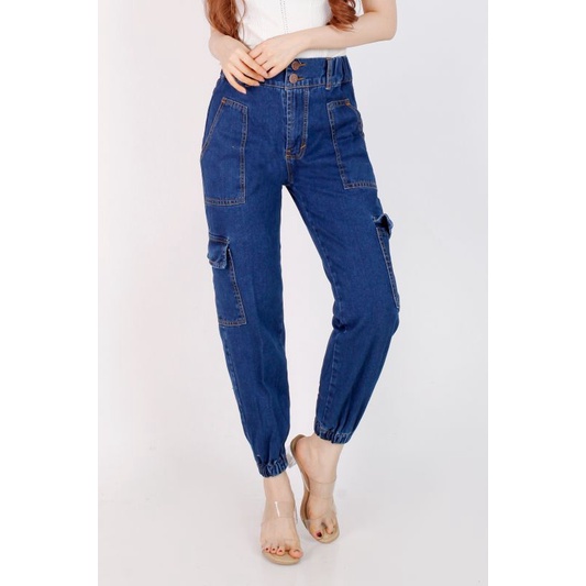 CELANA JEANS WANITA BF CARGO RUBBER