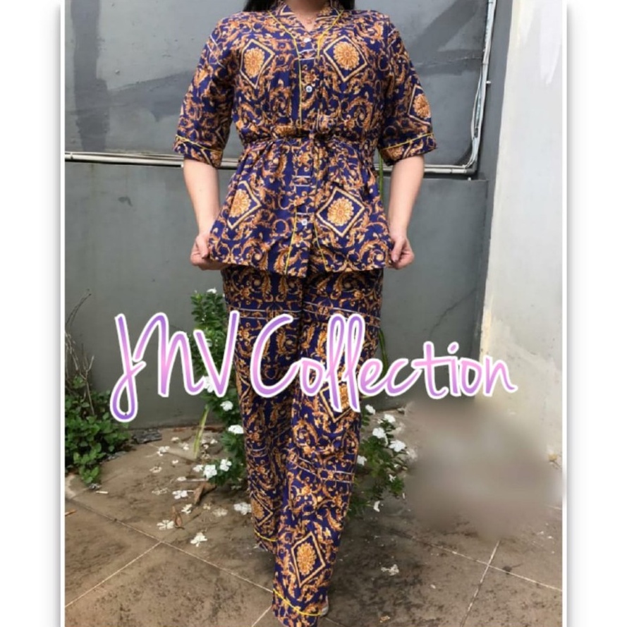 JNV Setelan Kimono CP Wanita Motif Karakter Kartun - Baju Tidur Kimono Lengan Pendek - Bahan Katun-Sultan Kotak Navy
