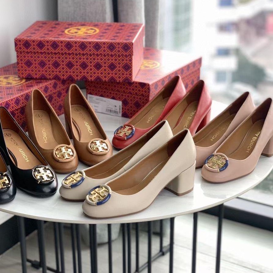 Sepatu Tory Burch Multi Logo Pump Block Heel Cream Hitam Coklat Tan Merah Pink ORIGINAL asli kulit