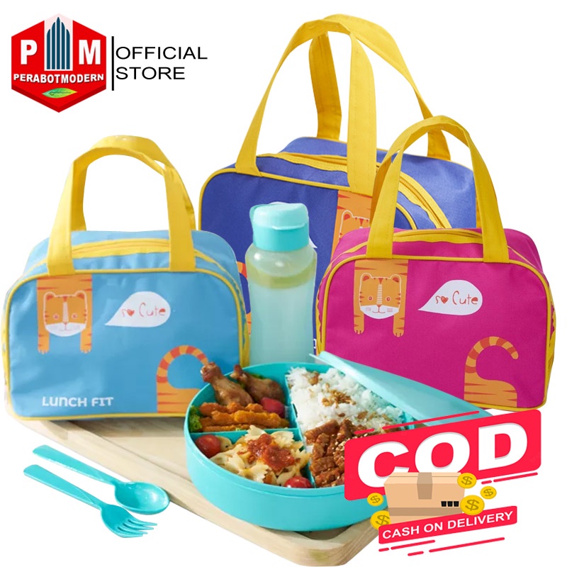 Tas bekal makan bulat set Chiara / Lunch box set / Tas motif kucing / paket hemat tas isi kotak tempat makan botol minum 2 sekat sendok garpu plastik panas dingin es bekal anak sekolah kantor piknik olah raga outdoor dengan tas pegangan tangan