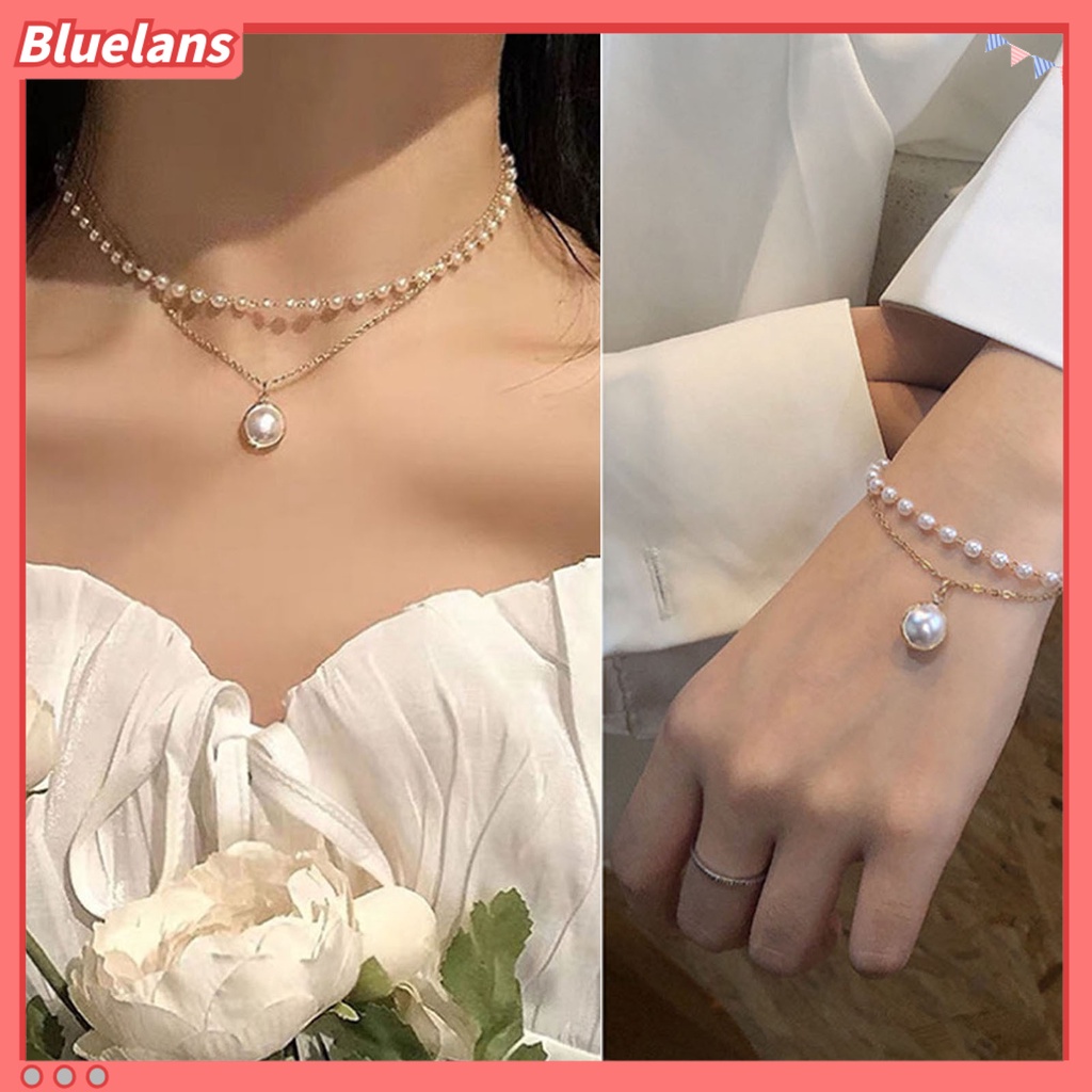 Bluelans Kalung Gelang Lapis Ganda Aksen Mutiara Imitasi Untuk Wanita
